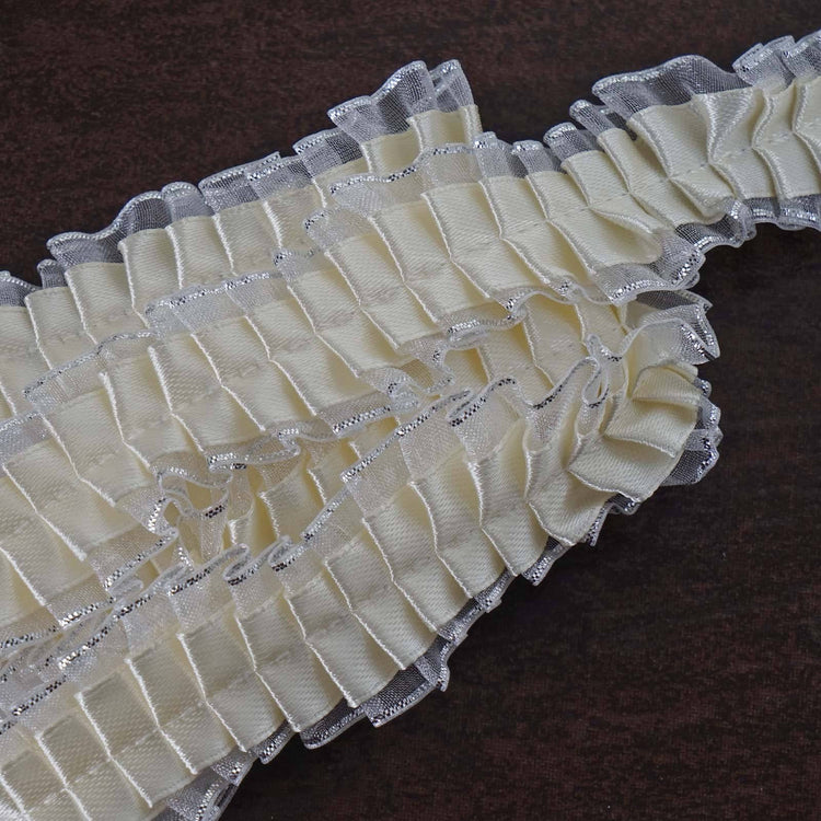 25 Yards Ivory Double Layered Insertion Ruffled Lace Trim With Satin And Silver Edged Organza Fabric