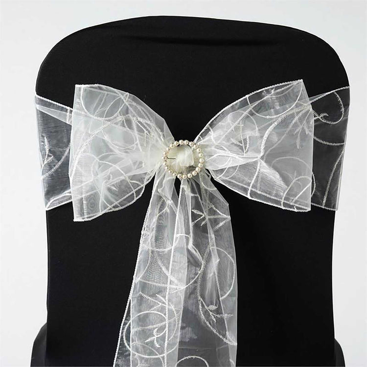 5 PCS | 7 Inch x108 Inch | Ivory Embroidered Organza Chair Sashes | eFavorMart#whtbkgd