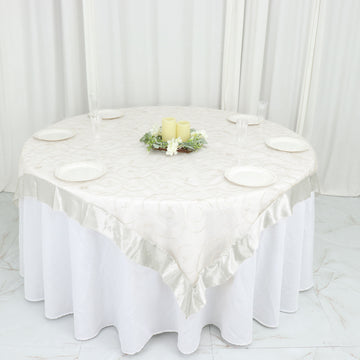 Ivory Embroidered Sheer Organza Square Table Overlay With Satin Edge 60"x60"