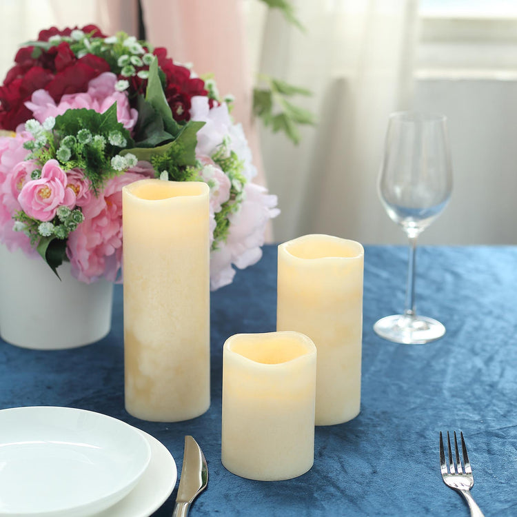 Set of 3 Ivory Flameless LED Remote Operated Battery Powered Pillar Candles 4 Inch 6 Inch 8 Inch