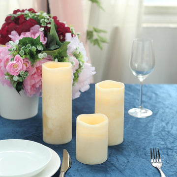Set of 3 Ivory Flameless LED Pillar Candles, Remote Operated Battery Powered 4", 6", 8"