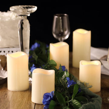 Set of 5 Ivory Flickering Flameless LED Pillar Candles, Color Changing Battery Operated Candles With Remote 4", 5", 6"