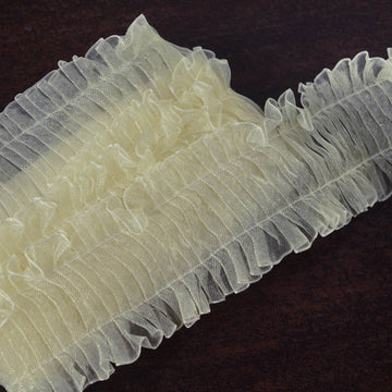 Ivory Insertion Ruffled Lace Trim On Satin Edged Organza Fabric 25 Yards 1.25"