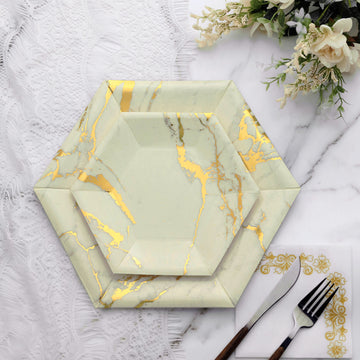 25 Pack Ivory Marble Dessert Salad Paper Plates, Disposable Appetizer Hexagon Geometric Plates Shaped With Gold Foil Marble Design 400 GSM 8.5"