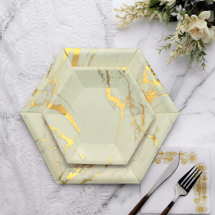 Ivory Marble Dessert Plates 8.5 Inch Gold Foil Hexagon Design
