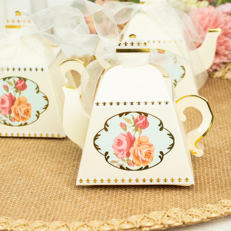 4 Inch Ivory Tea Pot Favor Boxes Cardstock Paper With Ribbon
