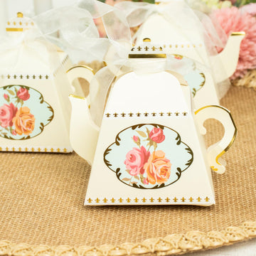 25 Pack Ivory Mini Teapot Gift Boxes with Ribbon, Tea Time Favor Boxes 4"
