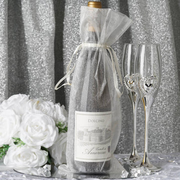 Elegant Ivory Organza Drawstring Party Favor Wine Gift Bags