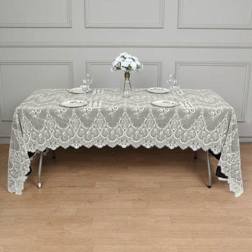 60"x120" Ivory Premium Lace Seamless Rectangle Tablecloth, Vintage Lace Table Cover With Scalloped Frill Edges
