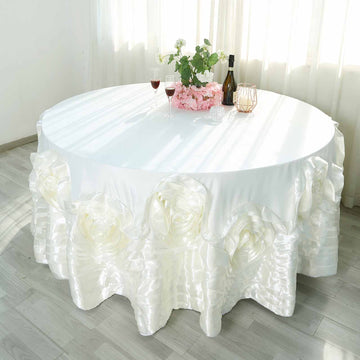 Ivory Seamless Large Rosette Round Lamour Satin Tablecloth 120"