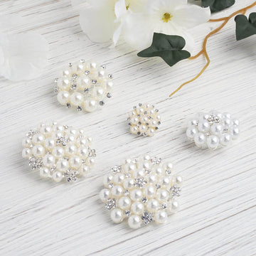 5 Pack | Ivory / White Dual Color Pearl and Rhinestone Brooches | Floral Sash Pin Brooch Bouquet Decor