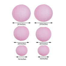 Ceiling hanging decor of pink paper lanterns in different sizes and widths