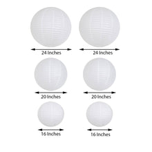 Ceiling hanging decor with a row of white round decorative paper lanterns