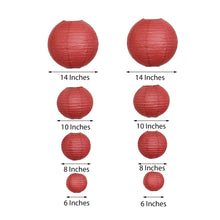 Set of 8 - Hanging Burgundy Paper Lanterns Round Assorted Size - 6", 8", 10", 14"