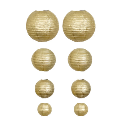 Set of gold paper lanterns in various sizes on a white background