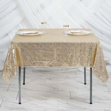 Transform Your Wedding Table with the Champagne Duchess Sequin Square Table Overlay