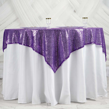 Add a Pop of Color with the Purple Duchess Sequin Square Table Overlay 60"x60"