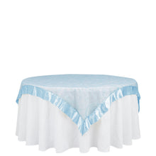 Light Blue Satin Border Embroidered Sheer Organza Square Table Overlay 60 Inch x 60 Inch