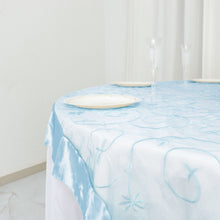 Embroidered Sheer Organza Square Table Overlay With Light Blue Satin Edge 60 Inch x 60 Inch