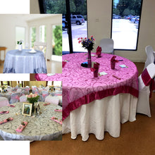 60 Inch x 60 Inch Fuchsia Satin Edge On Embroidered Sheer Organza Square Table Overlay