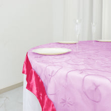 Embroidered Sheer Organza Square Table Overlay With Fuchsia Satin Edge 60 Inch x 60 Inch