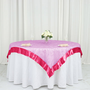 Fuchsia Embroidered Sheer Organza Square Table Overlay With Satin Edge 60"x60"