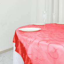 Embroidered Sheer Organza Square Table Overlay With Red Satin Edge 60 Inch x 60 Inch
