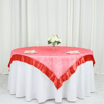 Add Elegance to Your Event with the Red Embroidered Sheer Organza Square Table Overlay