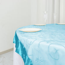 Embroidered Sheer Organza Square Table Overlay With Turquoise Satin Edge 60 Inch x 60 Inch