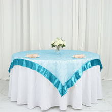 Turquoise Embroidered Sheer Organza Square Table Overlay With Satin Border 60 Inch x 60 Inch