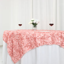 3D Rosette Design on 72 Inch x 72 Inch Square Dusty Rose Satin Table Overlay