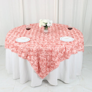 Enhance Your Event with the Dusty Rose 3D Rosette Satin Table Overlay