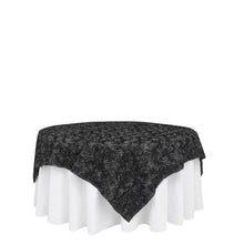 Black Square Satin 3D Rosette Table Overlay 72 Inch x 72 Inch
