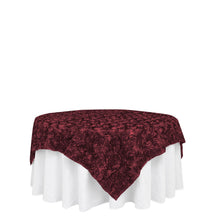 72 Inch x 72 Inch Square 3D Rosette Satin Burgundy Table Overlay