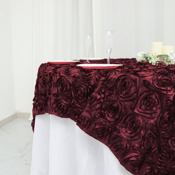 Unleash Your Creativity with the Burgundy 3D Rosette Satin Square Table Overlay