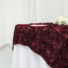 Burgundy Square Table Overlay With 3D Rosette Satin 72 Inch x 72 Inch