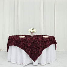 3D Rosette Satin Square 72 Inch x 72 Inch Table Overlay In Burgundy