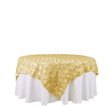 Square Champagne Satin Table Overlay With 3D Rosettes 72 Inch x 72 Inch