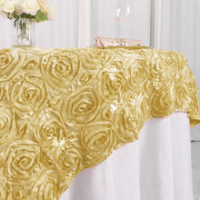 72 Inch x 72 Inch Champagne Satin Square Table Overlay With 3D Rosettes