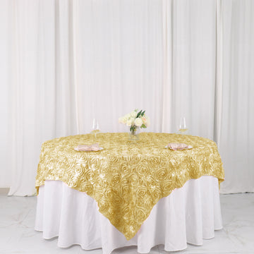 Elevate Your Event with the Champagne 3D Rosette Satin Table Overlay