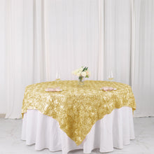 3D Rosette Champagne Satin Square Table Overlay 72 Inch x 72 Inch 
