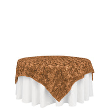 Square Gold Satin Table Overlay With 3D Rosettes 72 Inch x 72 Inch