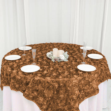Enhance Your Tablescape with the Gold 3D Rosette Satin Square Table Overlay