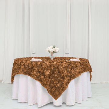 Elevate Your Event Decor with the Gold 3D Rosette Satin Square Table Overlay