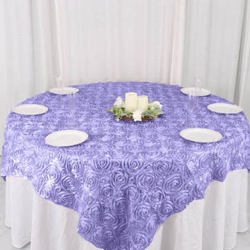 Upgrade Your Tablescape with the Lavender Lilac 3D Rosette Satin Square Table Overlay