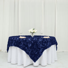 72 Inch x 72 Inch Square Table Overlay With Navy Blue 3D Satin Rosettes 
