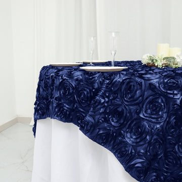 Create Unforgettable Memories with a Navy Blue 3D Rosette Satin Square Table Overlay