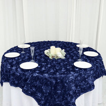 Upgrade Your Tablescape with a Navy Blue 3D Rosette Satin Square Table Overlay