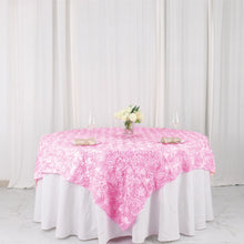 72 Inch x 72 Inch Square Table Overlay With Pink 3D Satin Rosettes 
