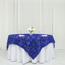 72 Inch x 72 Inch Square Table Overlay With Royal Blue 3D Satin Rosettes 